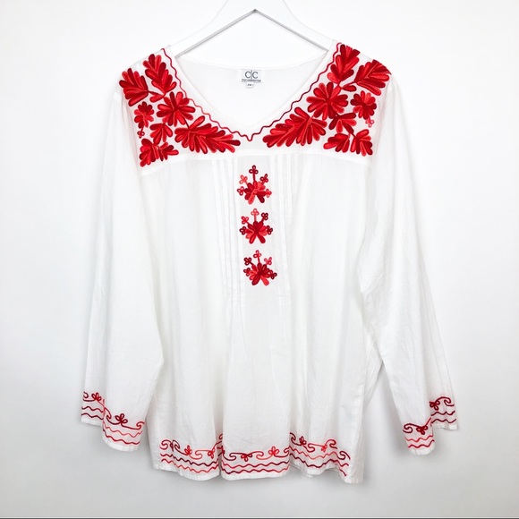 C|C Collection Tops - C|C Collection Boho Embroidered White Long Sleeve